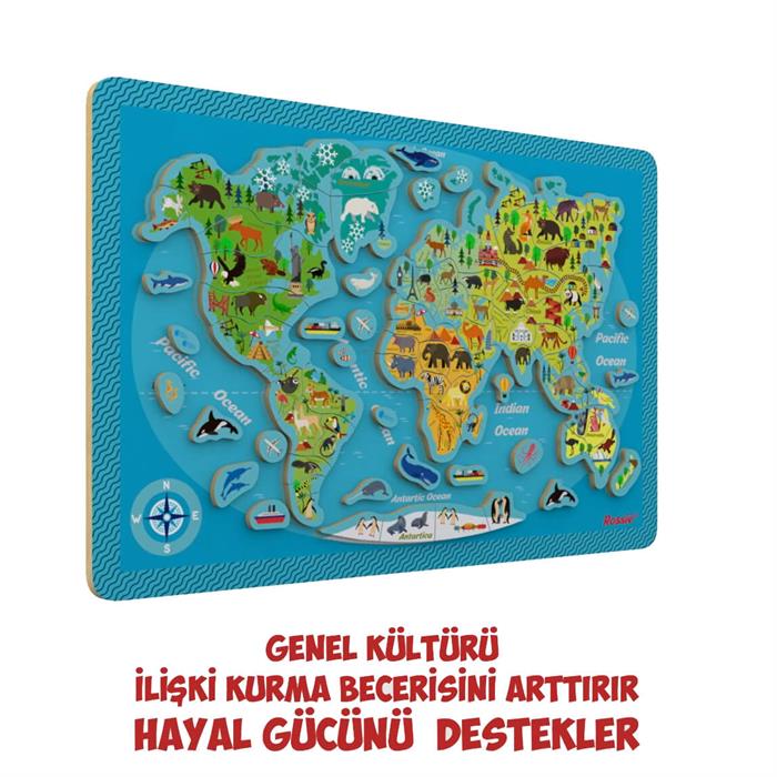 Rossie Mıknatıslı Ahşap Dev Dünya Haritası Yapboz