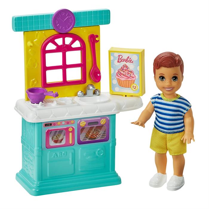 Barbie Bebek Bakıcısı Temalı Oyun Setleri - Mutfaklı, Erkek Bebekli Set GRP16