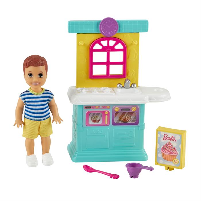 Barbie Bebek Bakıcısı Temalı Oyun Setleri - Mutfaklı, Erkek Bebekli Set GRP16