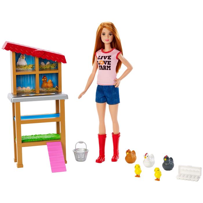 Barbie Tavuk Yetiştiricisi Bebek ve Oyun Seti, Kızıl Saçlı Bebek ve Tavuk Kümesi Dahil FXP15