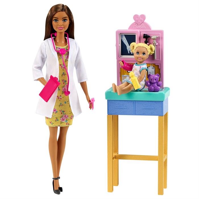 Barbie Bebek (30 40) ile Çocuk Doktoru Oyun Seti Kahverengi Saçlı GTN52