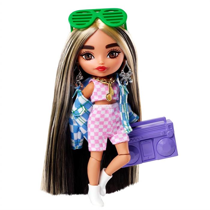 Barbie Extra Mini Bebekler (14 cm) Müzik Setiyle Uzun Düz Saçlı Bebek, Giysileri, Aksesuarları ve Standıyla HGP64
