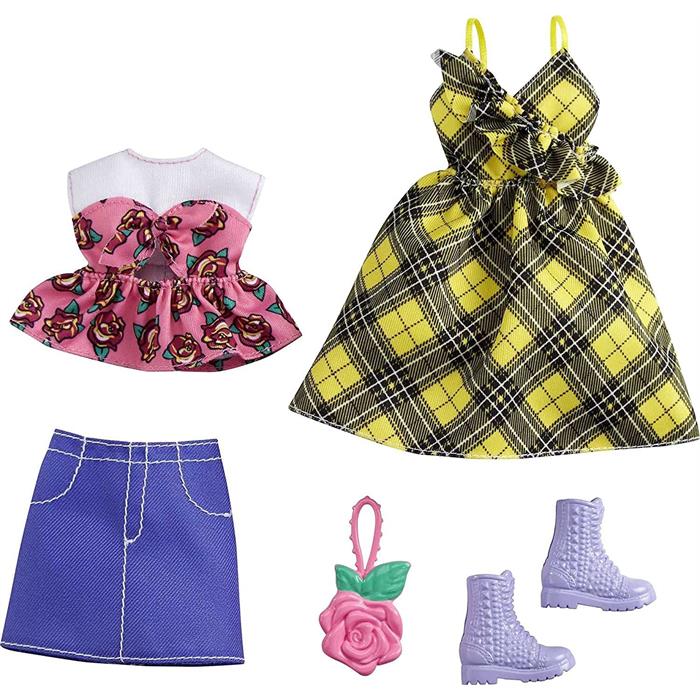 Barbie Kıyafet Koleksiyonu 2'li Paketler - Sarı Elbise, Çiçek Desenli Üst, Kot Etek ve 2 Aksesuar GRC83