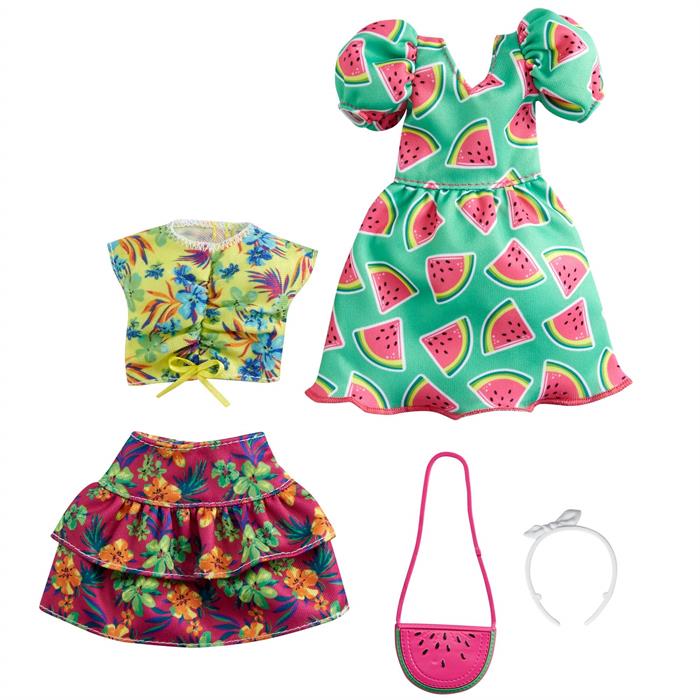 Barbie Kıyafet Koleksiyonu 2'li Paketler - Karpuz Desenli Elbise, Çiçekli Etek, Tropikal Desenli Üst Parça ve 2 Aksesuar GRC85