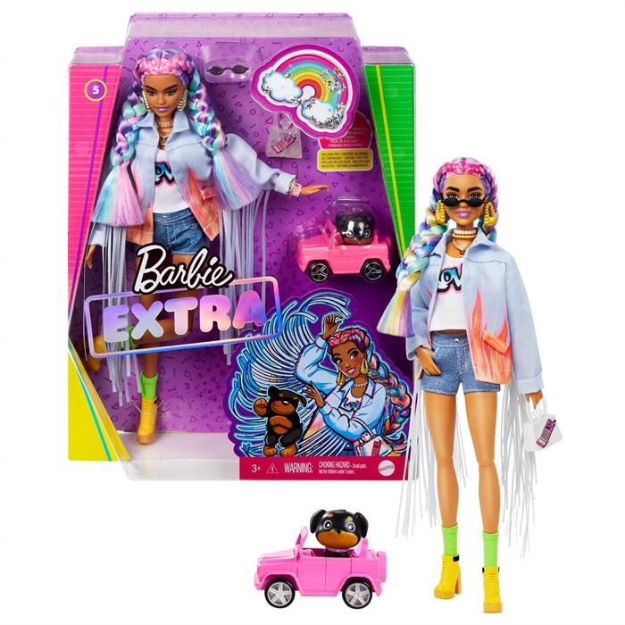 Barbie Extra - Renkli Örgü Saçlı, Kot Ceketli Bebek, Köpek Figürü ile GRN29
