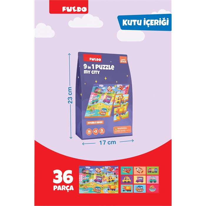 Puedo 36 Parça 9in1 Çift Taraflı Puzzle - My City MP50904 | Mucit